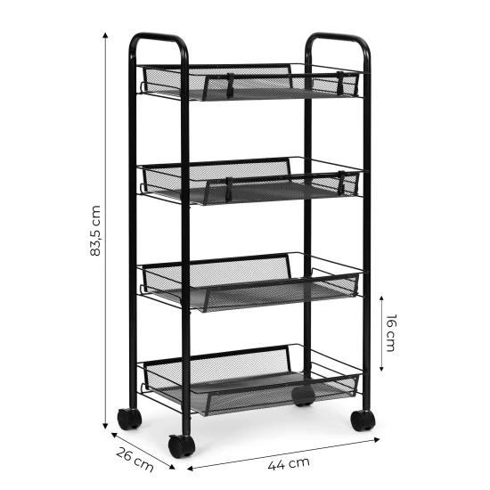 Juoda metalinė lentyna su 4 lentynomis ir ratukais Lentynos ModernHome