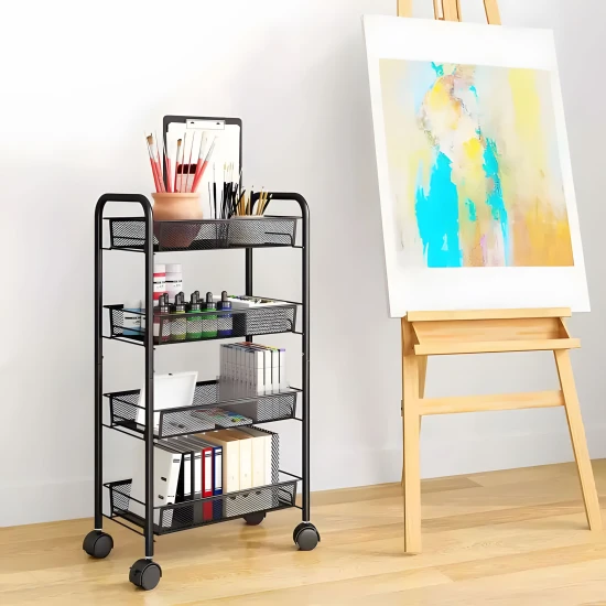 Juoda metalinė lentyna su 4 lentynomis ir ratukais Lentynos ModernHome