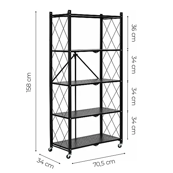 Składana czarna półka z 5 półkami i kółkami ModernHome