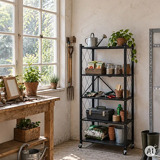 Składana czarna półka z 5 półkami i kółkami ModernHome