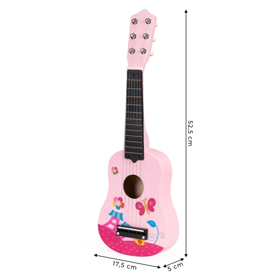 Wooden Guitar for Kids with Metal Strings and Pick – Pink Muzikos instrumentai ECOTOYS