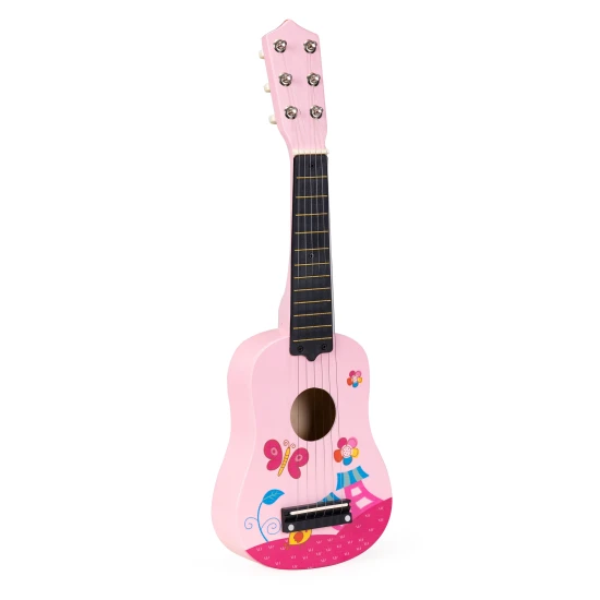 Wooden Guitar for Kids with Metal Strings and Pick – Pink Muzikos instrumentai ECOTOYS
