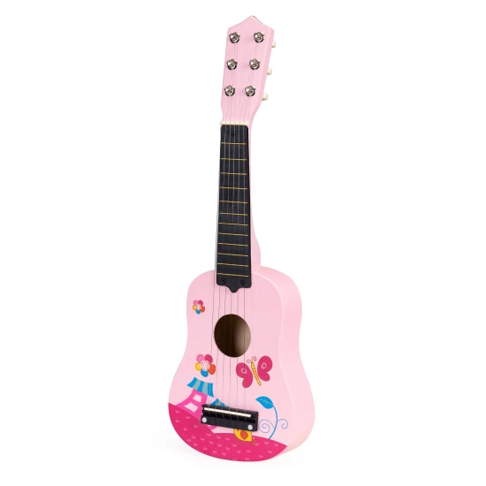 Wooden Guitar for Kids with Metal Strings and Pick – Pink Muzikos instrumentai ECOTOYS