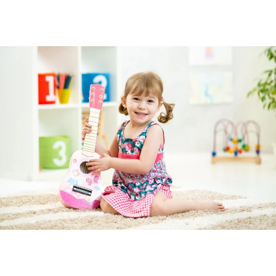 Wooden Guitar for Kids with Metal Strings and Pick – Pink Muzikos instrumentai ECOTOYS