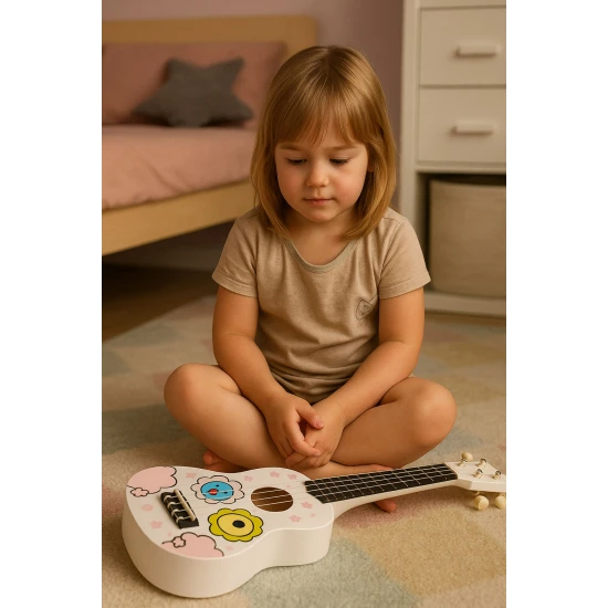 Vaikiška balta medinė ukulelė Muzikos instrumentai ECOTOYS