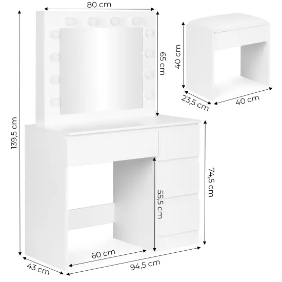 Tualetinis staliukas su veidrodžiu ir LED apšvietimu + taburetė ModernHome