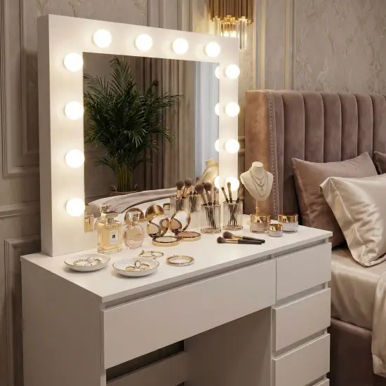 Tualetinis staliukas su veidrodžiu ir LED apšvietimu + taburetė ModernHome