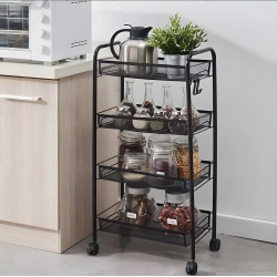 Juoda metalinė vonios lentynėlė su 4 lentynomis ir ratukais