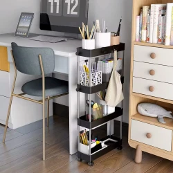 Plastikinė juoda vonios kambario lentyna su 4 lentynomis ir ratukais