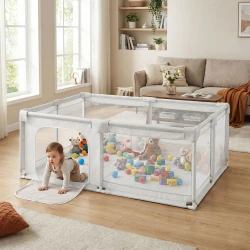 Pilkas kūdikių žaidimų aptvaras su kamuoliukais 140x200 cm