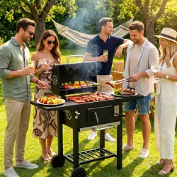 Grilis su dangčiu, reguliuojamu grotelių aukščiu, termometru ir pelenų surinkikliu