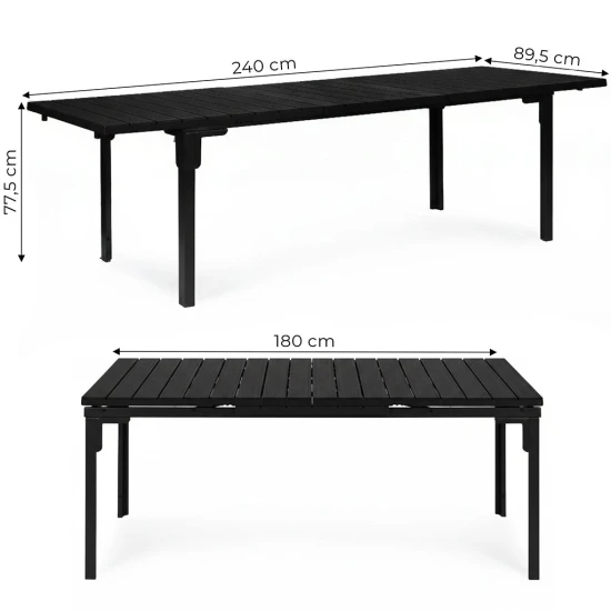 Išskleidžiamas juodas stalas 180–240 cm