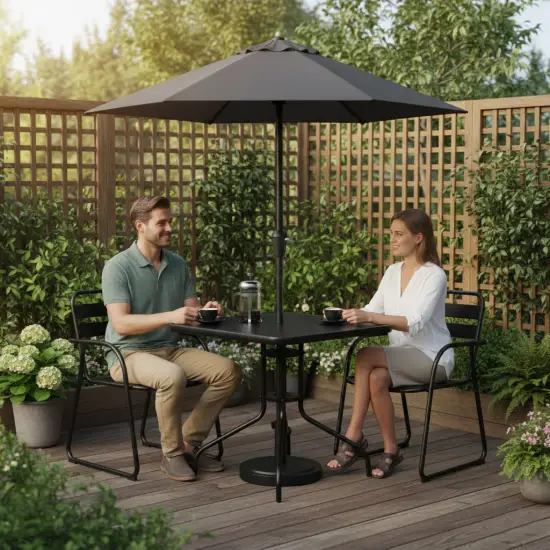 Kvadratinis juodas sodo stalas 80 cm su skyle skėčiui MultiGarden