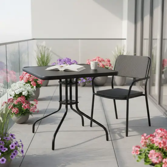 Kvadratinis juodas sodo stalas 80 cm su skyle skėčiui MultiGarden