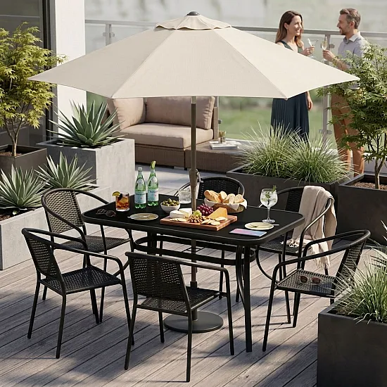 Garden table 140x80 cm tempered glass parasol hole, black, MultiGarden