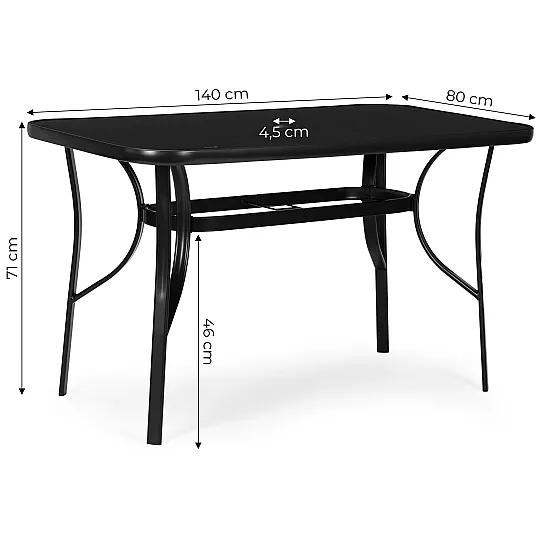 Garden table 140x80 cm tempered glass parasol hole, black, MultiGarden