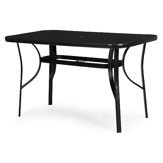 Juodas stalas 120 x 70 cm iš grūdinto stiklo su skėčio tvirtinimo anga