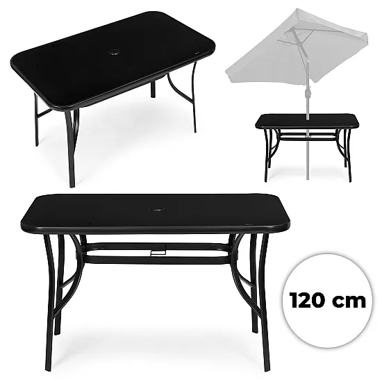 Juodas stalas 120 x 70 cm iš grūdinto stiklo su skėčio tvirtinimo anga