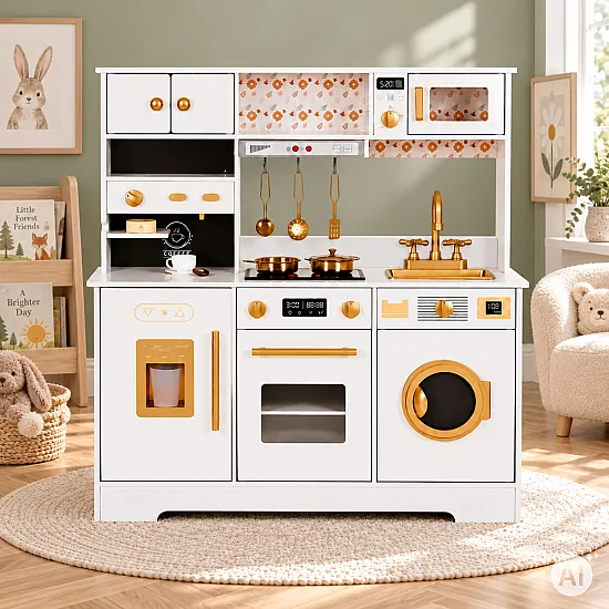 Didelė balta medinė vaikų virtuvė su priedais