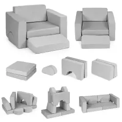 Modulinė pilka vaikų sofa su 8 minkštomis pagalvėlėmis