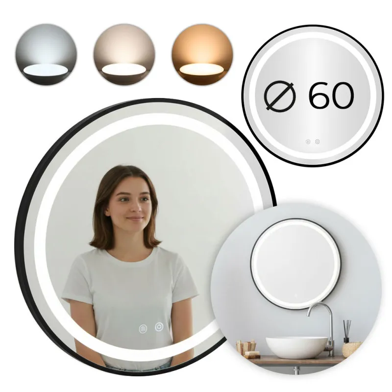 Круглое чёрное LED-зеркало для ванной 60 см с 3 цветами подсветки ModernHome