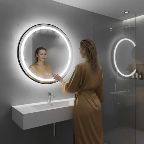 Apvalus juodas LED vonios veidrodis 60 cm su 3 šviesos spalvomis ModernHome