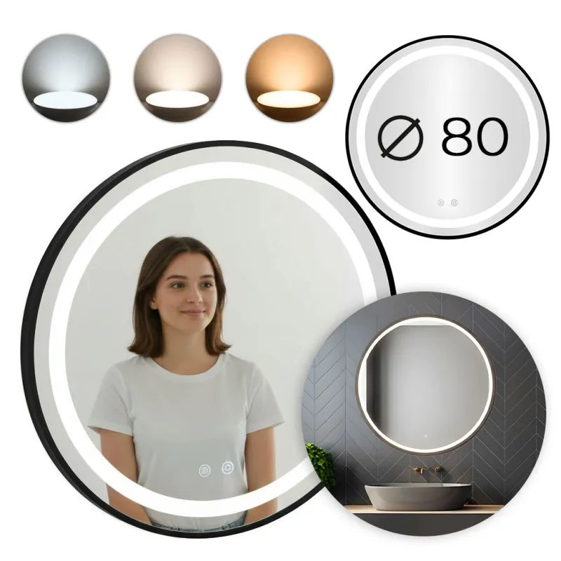 Круглое чёрное зеркало для ванной с LED-подсветкой 80 см с 3 цветами подсветки ModernHome