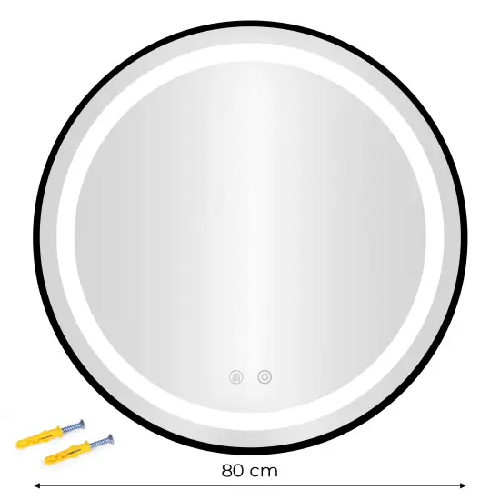 Apvalus juodas LED vonios veidrodis 80 cm su 3 šviesos spalvomis ModernHome