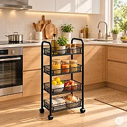 Metalowy, przenośny, czarny organizer z 4 półkami ModernHome