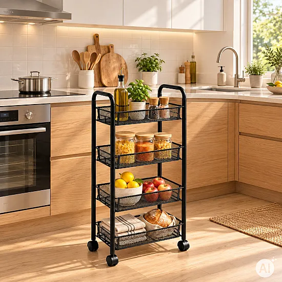 Metalowy, przenośny, czarny organizer z 4 półkami ModernHome
