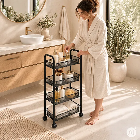 Metalowy, przenośny, czarny organizer z 4 półkami ModernHome