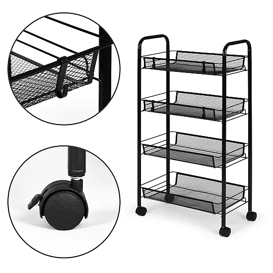 Metalowy, przenośny, czarny organizer z 4 półkami ModernHome