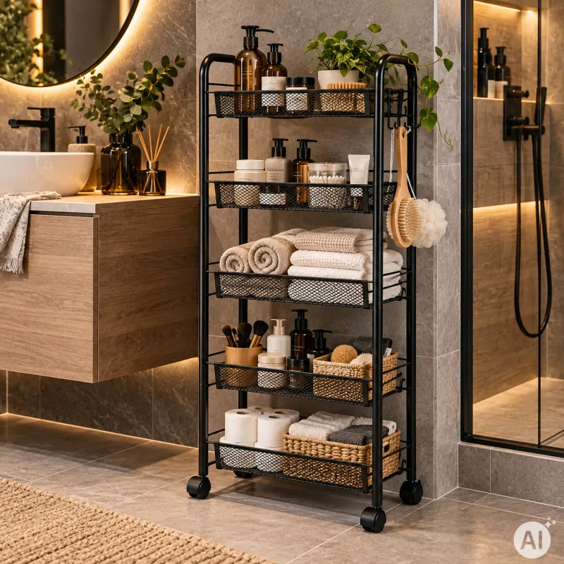 Metalinis juodas vežimėlis su 5 lentynomis ModernHome