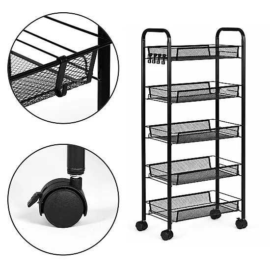 Czarny metalowy wózek z 5 półkami ModernHome