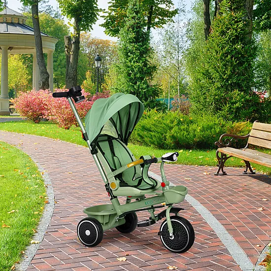 2-in-1 žalias triratukas su pasukama sėdyne