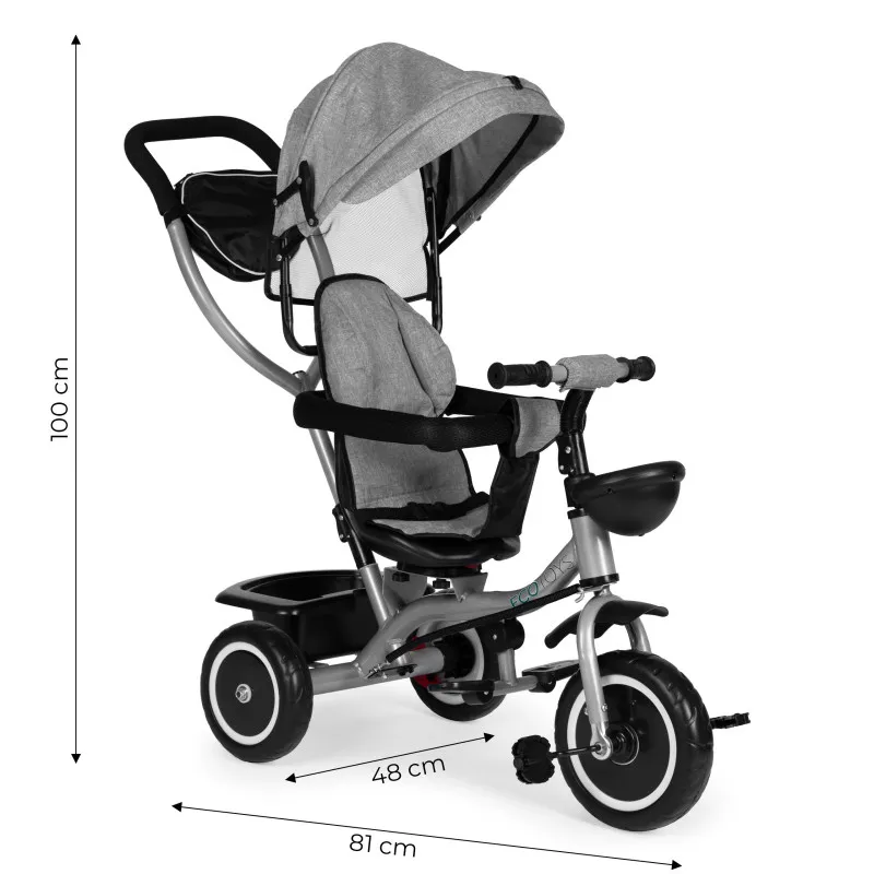 2-in-1 pilkas triratis vežimėlis su pasukama sėdyne