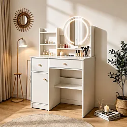 Kosmetikos staliukas su apvaliu veidrodžiu ir LED apšvietimu ModernHome
