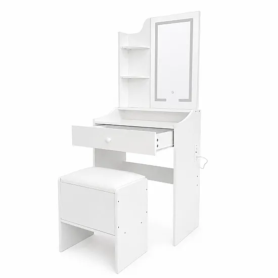 Kosmetikos staliukas su veidrodžiu ir 3 spalvų LED apšvietimu, lentynomis, stalčiu ir taburete „ModernHome“