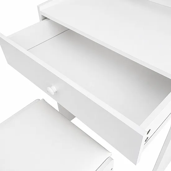 Kosmetikos staliukas su veidrodžiu ir 3 spalvų LED apšvietimu, lentynomis, stalčiu ir taburete „ModernHome“