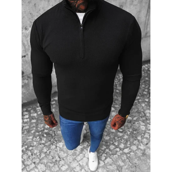 Juodas megztinis su užtrauktuku iki pusės Makar Megztiniai