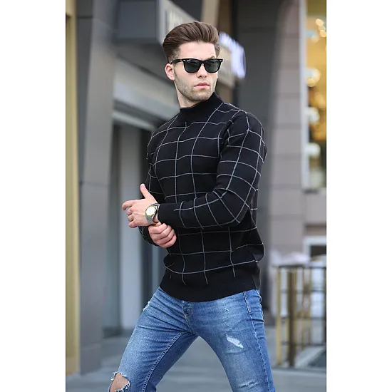 Juodas vyriškas megztinis aukštu kaklu Karter PK5796 Premium