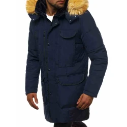 Vyriška tamsiai mėlyna žieminė striukė su kailiniu gobtuvu Remal