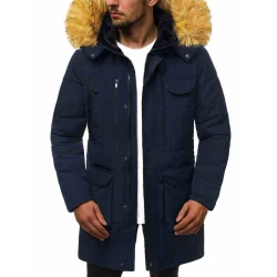 Vyriška tamsiai mėlyna žieminė striukė su kailiniu gobtuvu Remal