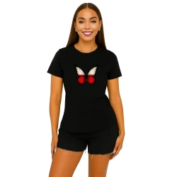 Moteriški juodi marškinėliai Lenkija drugelis