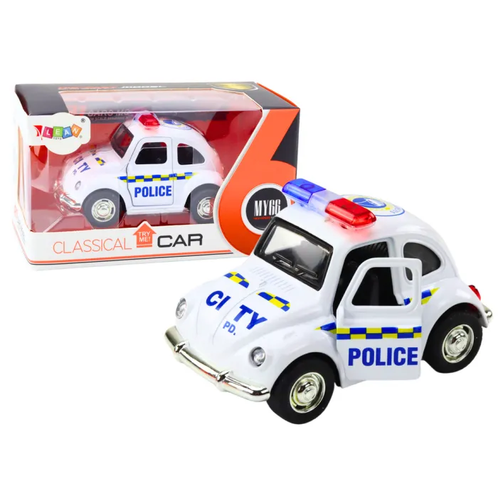 Klasikinis baltas policijos automobilis Tarnybiniai automobiliai