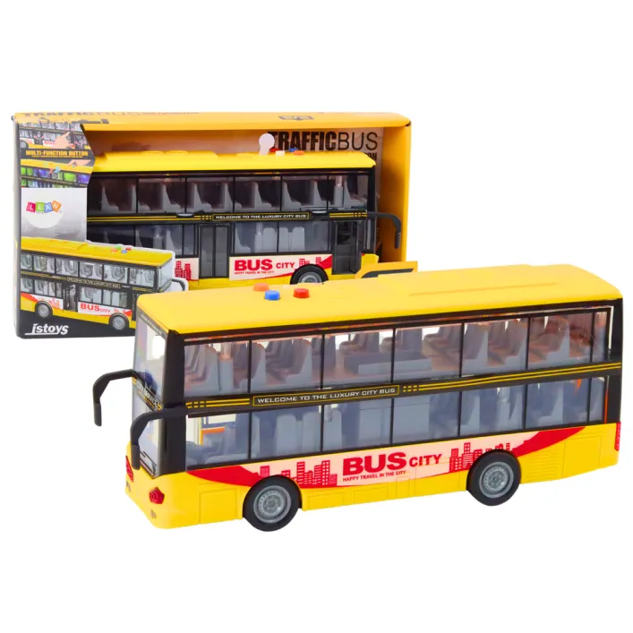 Kollane kahekorruseline buss heli- ja valgusefektidega Bussid