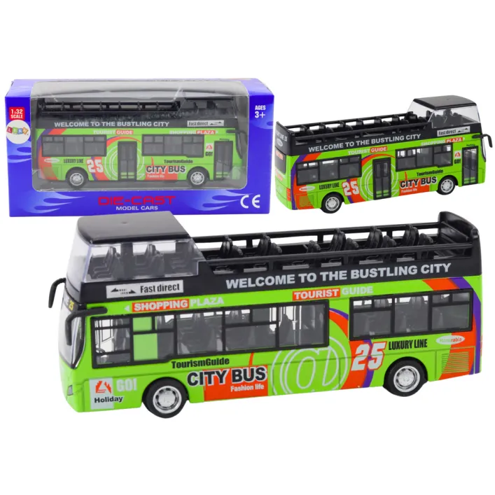 Žalias dviaukštis autobusas su atidaromis durimis Autobusai