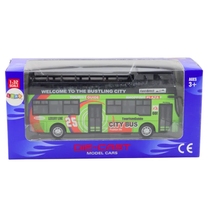Žalias dviaukštis autobusas su atidaromis durimis Autobusai