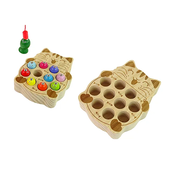 Medinis žvejybos žaidimas su 2 meškerėmis ir kačiuku