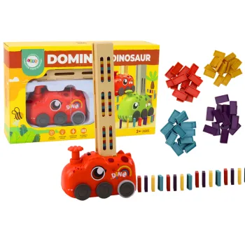 A red dinosaur arranging dominoes